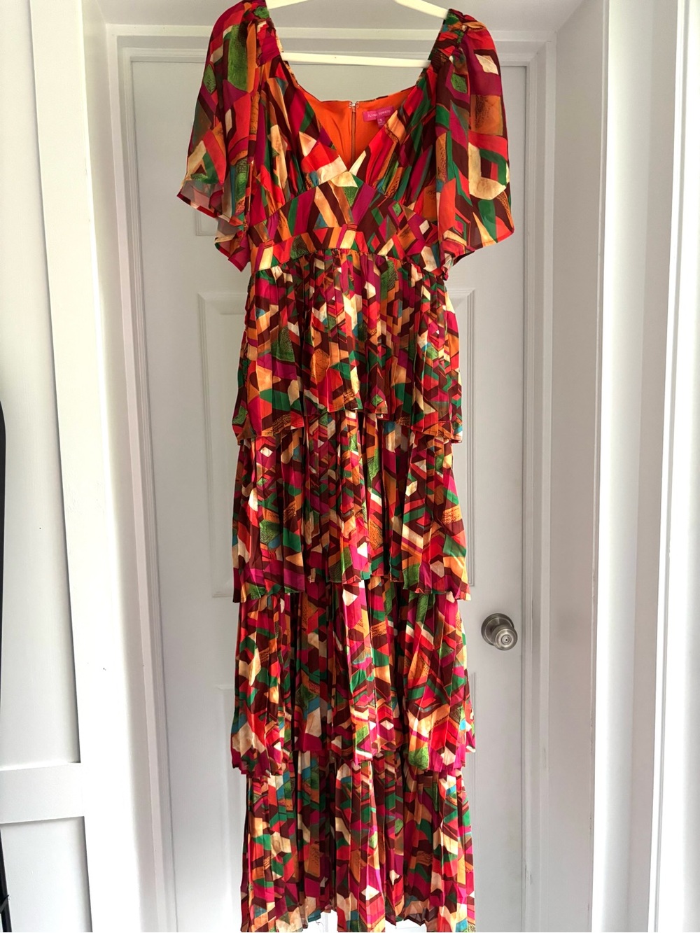 Flying Tomato Multicolor Geometric Tiered Maxi Dress in Orange, Pink & Green